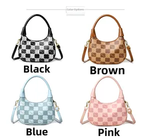 Four-color display of checkerboard hobo bags in black, brown, blue, and pink finishes