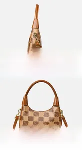 Vertical detail view showing the side and back of the brown checkerboard hobo bag