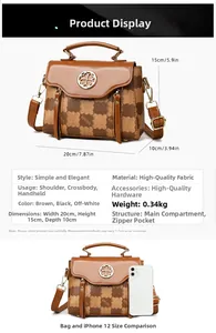 Brown embossed handbag size comparison showing dimensions and fit with a smartphone
