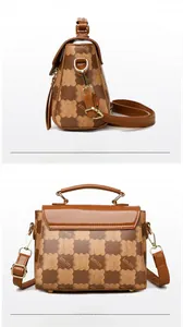 Detailed views of vintage brown PU leather bag featuring bear logo and kmJm prints