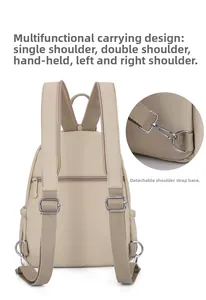 Detail view of khaki multifunctional backpack featuring anti-theft pocket and metal hooks
