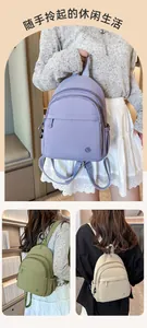 Three-grid detail view of water-resistant nylon mini backpacks in purple, green and beige