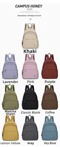 Detailed view showing ten different color variants of the casual nylon backpack