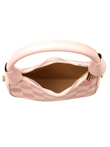 Top view of pink contrast monogram handbag showing spacious interior and golden zipper