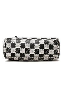 Detail of checkered leather tote bag with KMJM lettering and cloud-like texture