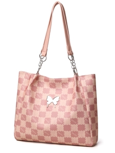 Sac cabas à carreaux roses avec monogramme kmJm et breloque papillon en métal argenté
