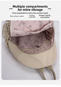 Internal view of the cream backpack showing high capacity for iPad and daily essentials
