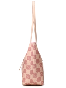 Detail view of pink tote bag showing the repeating bear pattern and leather texture