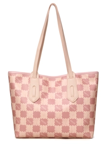 Close-up of pink checkered tote bag featuring kmJm pattern and leather shoulder straps