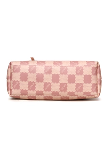 Detailed view of pink checkered leather texture with kmJm monogram on a large tote bag