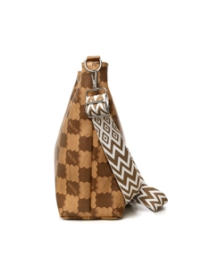 Vue latérale du cabas à damier avec large bandoulière jacquard et détails argentés