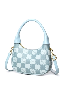 Detail of blue and white checkered crescent bag with golden hardware and kmJm monogram