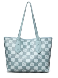 Close-up of cloud pattern and kmJm letter print on light blue large tote bag