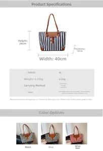 Detailed size guide for large canvas tote bag showing dimensions and color options