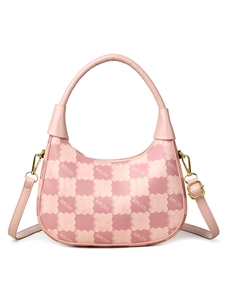 Detail of pink checkerboard hobo bag with gold hardware and kmJm monogram print