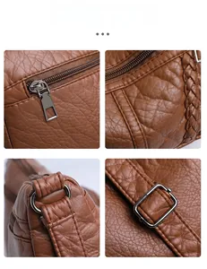 Detail of brown litchi pattern PU leather bag featuring silver hardware and woven edges
