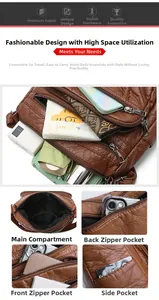 Detail view of brown PU leather bag showing internal main space and functional side pockets