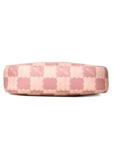 Detail of pink and beige leather handbag with cloud pattern and precision stitching