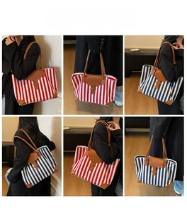 Collage of striped canvas tote bags in red and blue colors showing multiple carry options