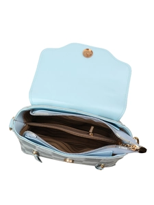 Internal compartments of light blue shoulder bag with brown striped lining and gold hardware