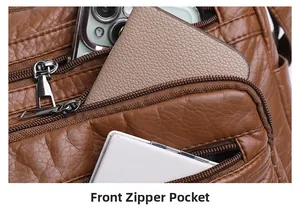 Detailed view of the front zipper pocket on a brown lychee pattern PU leather tote bag