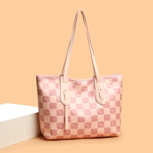 Pink checkerboard tote bag with KMJM lettering and elegant long shoulder straps