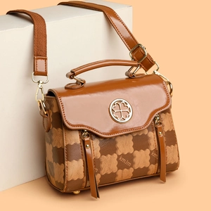 Women Crossbody Bag PU Leather Top Handle Clover Metal Lock KMJM Print Retro Style Adjustable Strap