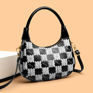 Hobo Bag PU Leather Bear Checkerboard Print Handbag With Removable Strap Fashion Streetwear Versatile Women Daily