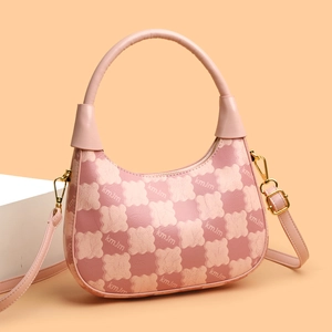 Pink color-block tote bag with checkered cloud patterns and adjustable strap for women