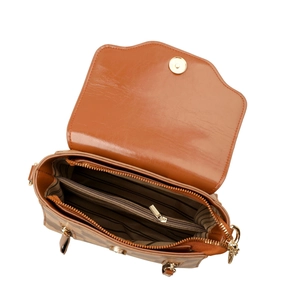 Brown PU leather handbag with striped lining and multiple storage compartments