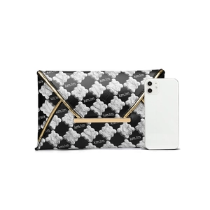 Pochette enveloppe noire chic avec lettrage argenté et bordure en métal doré élégante