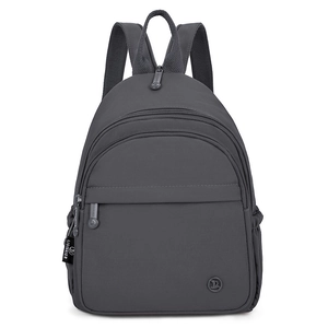 Minimalist grey nylon backpack with multi-layer zipper compartments and durable handle