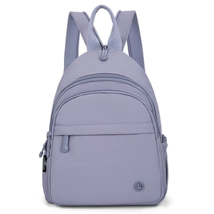 Front view of a purple waterproof nylon casual backpack with multi-zipper compartments