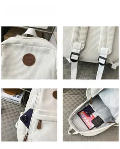 Detail view of white corduroy backpack showing adjustable straps and side zipper pocket