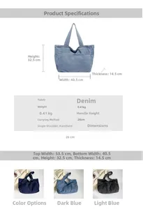 Detailed size chart for vintage denim tote bag showing dimensions and handle length