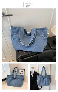 Detail view of light blue denim tote bag showing multiple pockets and casual texture