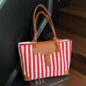 Striped Canvas Tote Bag Large Capacity Women Shoulder Handbag With PU Leather Trim Retro Casual Fashion
