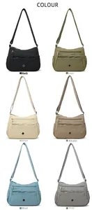 Multi-compartment nylon crossbody bags shown in black, green, beige, khaki, blue, and grey
