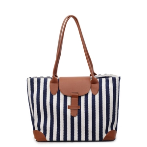Blue and white striped canvas tote bag with brown leather handles and magnetic flap closure
