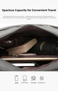 Interior view of large capacity nylon crossbody bag holding iPad and daily essentials