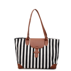 Large capacity striped canvas tote bag with brown leather handles and classic minimalist design