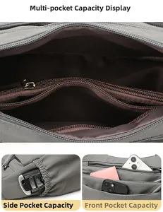 Detailed view of the multi-pocket nylon bag featuring spacious compartments and side pockets
