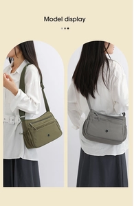 Multi-pocket nylon crossbody bags in olive green and grey, side view on models