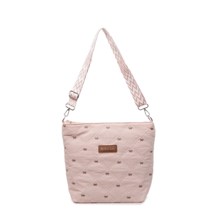 Sac bandoulière matelassé rose avec nœuds brodés et sangle en jacquard réglable
