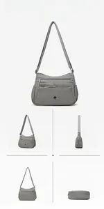 Detailed multi-angle views of high-capacity nylon crossbody bag with zipper pockets