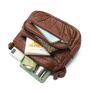 Brown washed PU leather tote bag with multi-zipper layers for large storage capacity