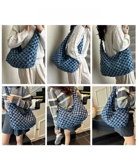 Detailed views of denim tote bag featuring blue and white checkerboard weave with fringed edges