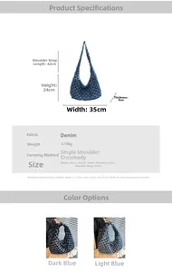 Detailed size specifications for denim crossbody bag with measurements and color options