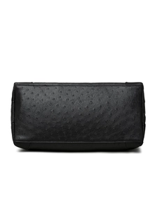 Detail view of the black ostrich-embossed leather tote bag bottom with neat stitching