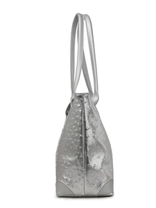 Detail view of silver ostrich texture tote bag with metallic finish and dual handles